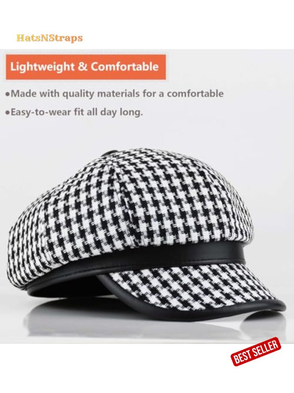 Women's Newsboy Cap French Vintage Houndstooth Hat Cabbie Baker Boy Adjustable - Picture 5 of 6